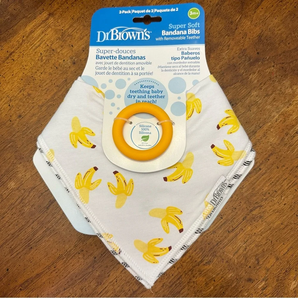 NEW- Dr. Brown's Banana Print Set of Bandana Bibs W/Attachable Silicone Teether